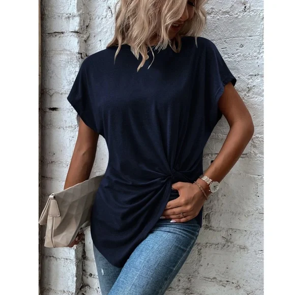 Twist Detail Blue Tee Shirt Short Sleeve Round Neck - Picture 6 of 12